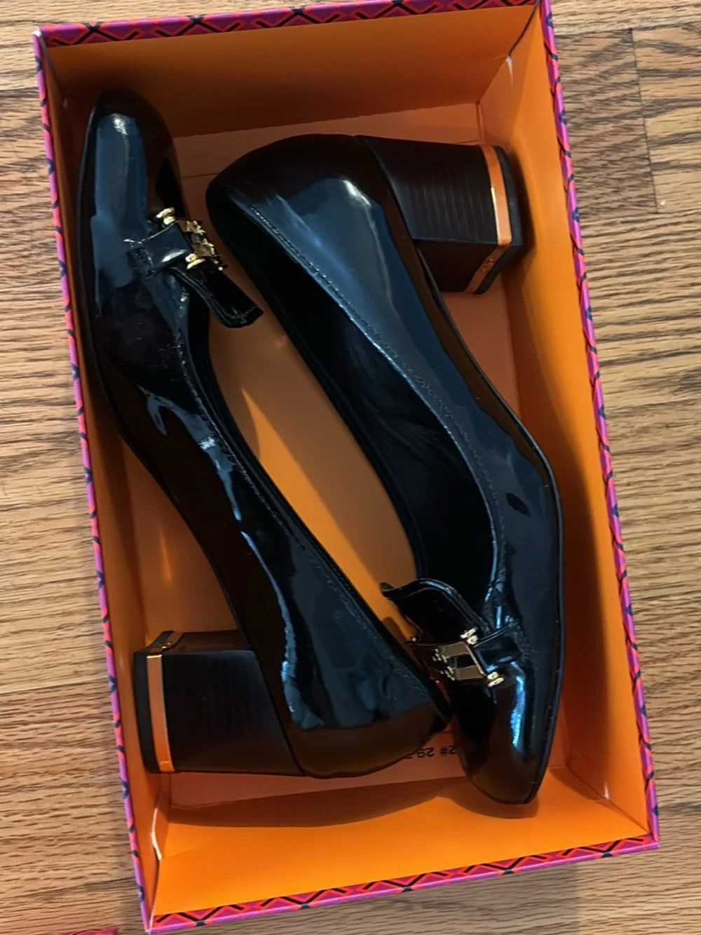 Tory Burch Black Patent Leather Low Block Heel Pumps with Gold buckle